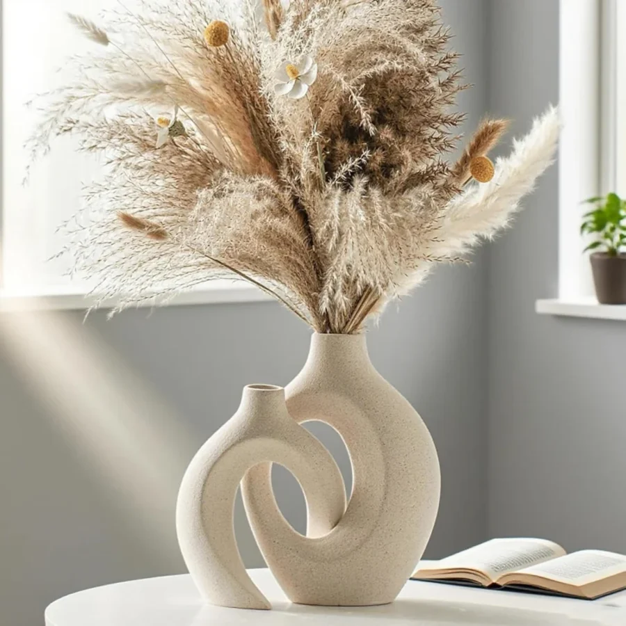 Lot de 2 vases creux en céramique beige, style nordique