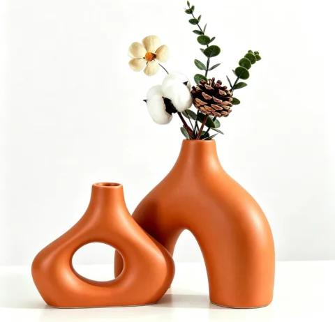 Lot de 2 vases donuts en céramique orange mat