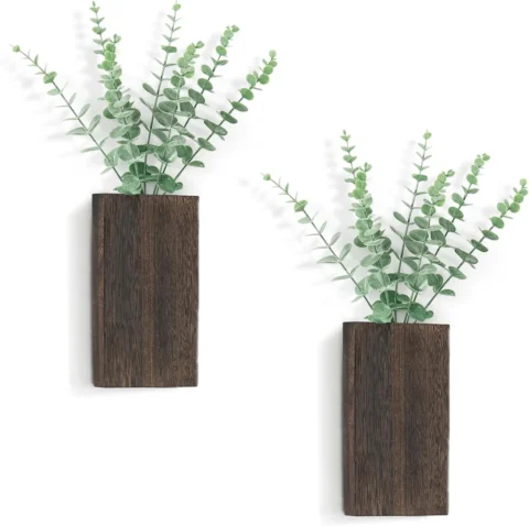 Lot de 2 vases muraux en bois avec eucalyptus
