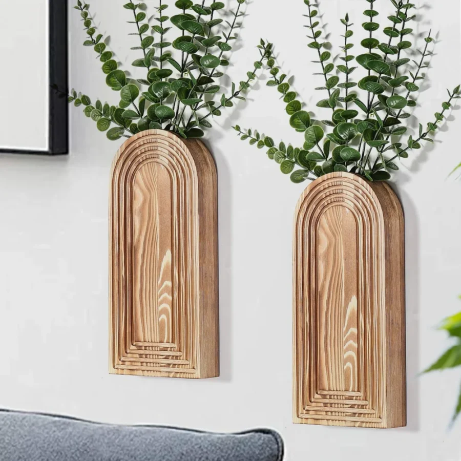Lot de 2 vases muraux en bois marron style ferme