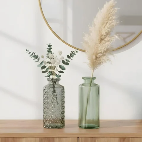 Lot de 2 vases oblongs en verre vert, 14 cm, style rétro