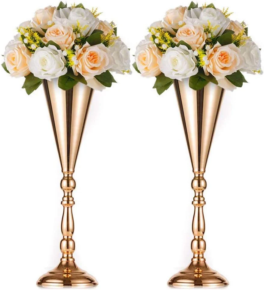Lot de 2 vases trompette en métal doré, 42 cm