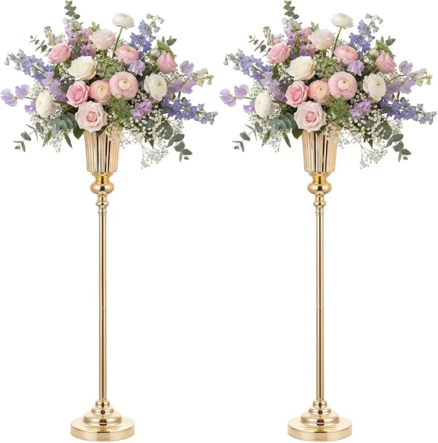 Lot de 2 vases trompette en métal doré, 77,5 cm
