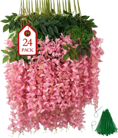 Lot de 24 glycines artificielles roses, branches 110 cm