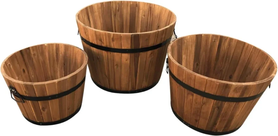 Lot de 3 bacs ronds en bois d’acacia, style tonneau