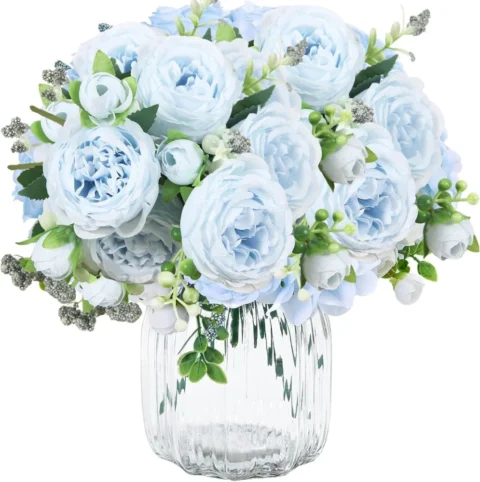Lot de 3 bouquets de pivoines artificielles bleues, 32 cm