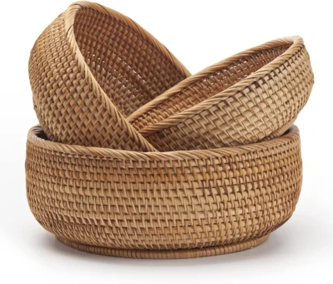 Lot de 3 coupelles rondes en rotin, tailles empilables