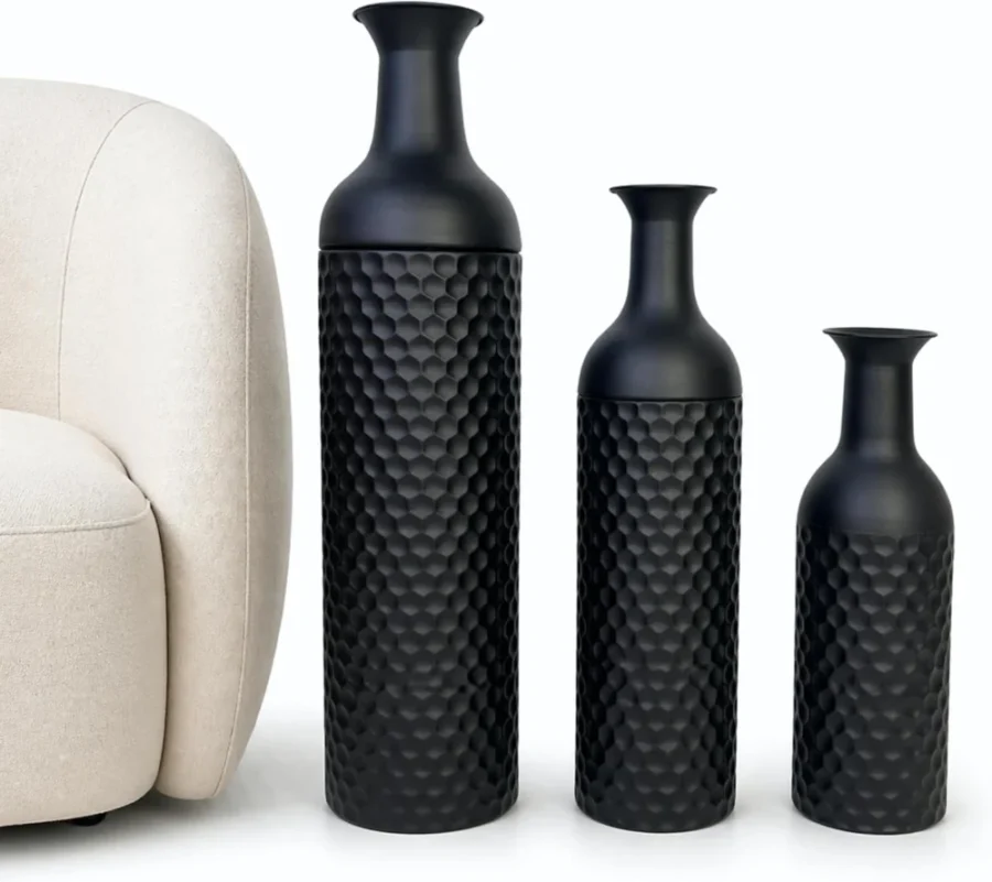 Lot de 3 grands vases en métal noir pour pampa