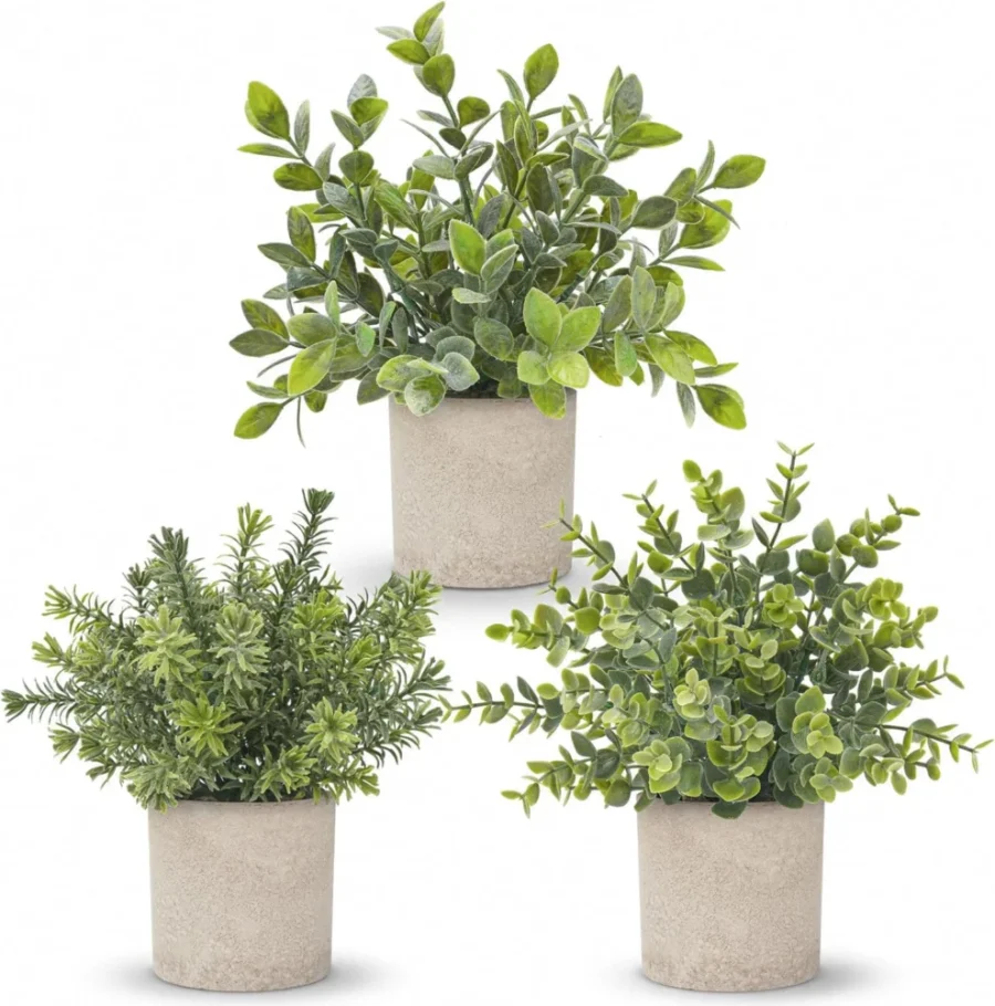 Lot de 3 mini eucalyptus artificiels en pot, 24 cm