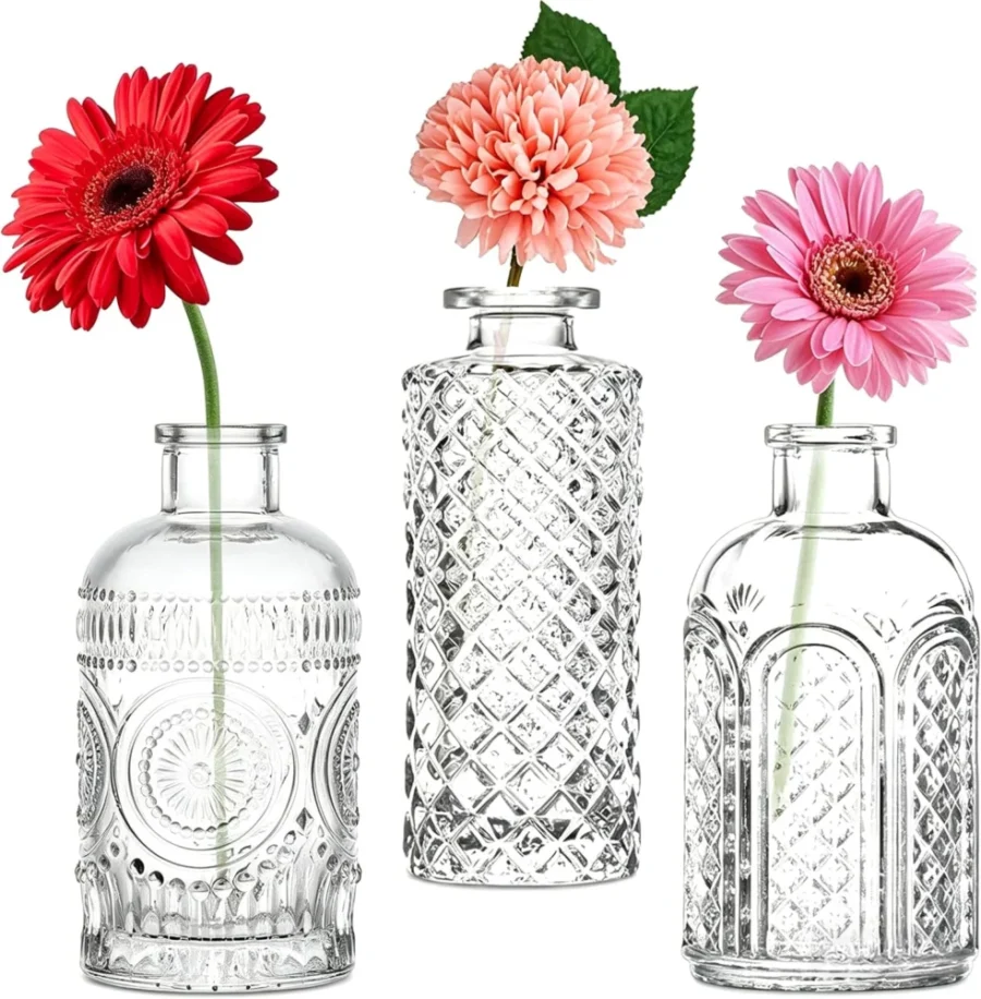 Lot de 3 mini vases en verre transparent, style vintage