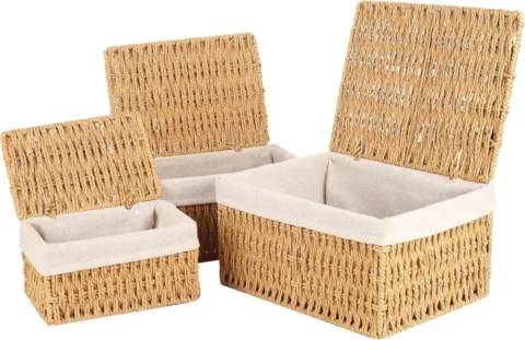 Lot de 3 paniers avec couvercle en corde de papier, marron