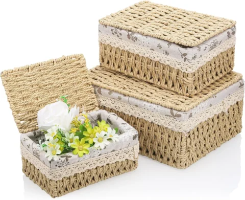 Lot de 3 paniers avec couvercle, motif floral, S à L