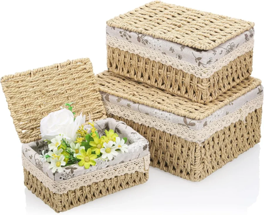Lot de 3 paniers avec couvercle, motif floral, S à L