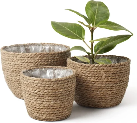 Lot de 3 paniers cache-pots en fibre naturelle, marron