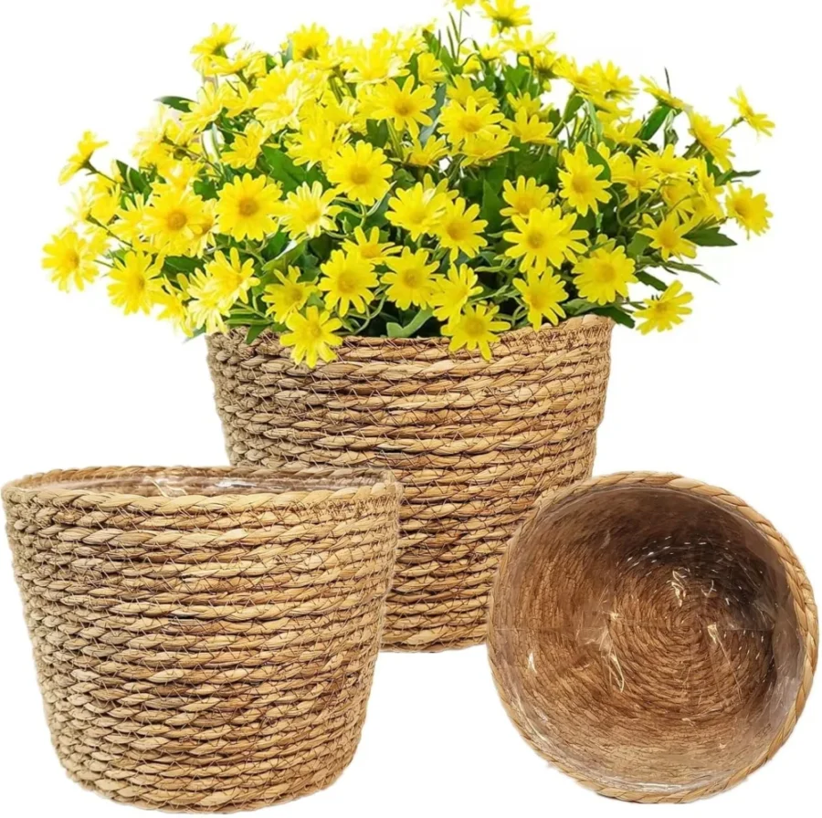 Lot de 3 paniers cache-pots en jonc de mer tressé