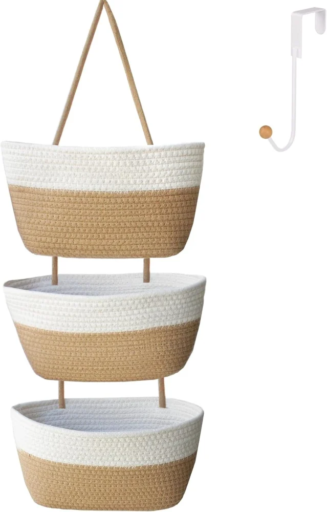 Lot de 3 paniers suspendus en coton, à crochet de porte