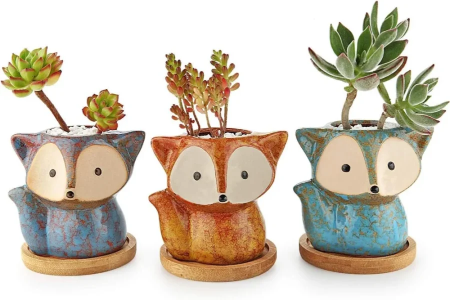Lot de 3 petits pots à cactus en forme de renard, 10 cm