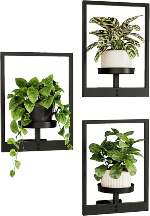 Lot de 3 porte-pots muraux en métal noir, fenêtre