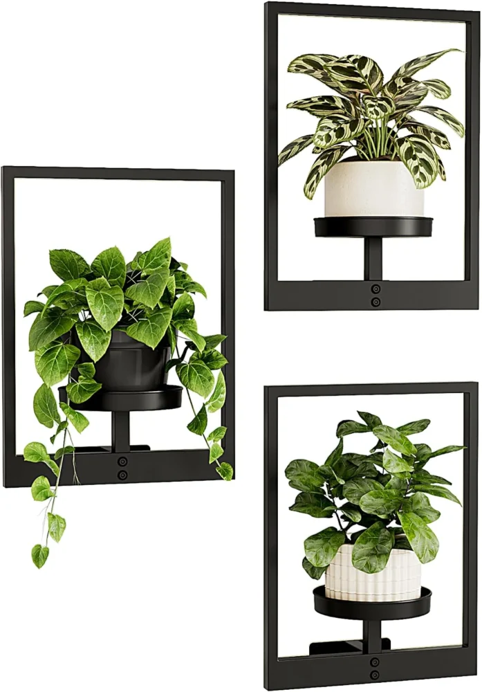 Lot de 3 porte-pots muraux en métal noir, fenêtre