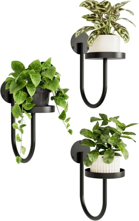 Lot de 3 porte-pots muraux en métal noir, forme U