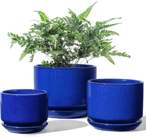 Lot de 3 pots de fleurs en céramique bleu saphir
