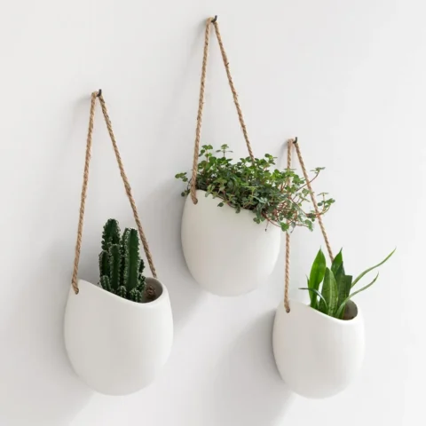 Lot de 3 pots de fleurs muraux suspendus, céramique blanche