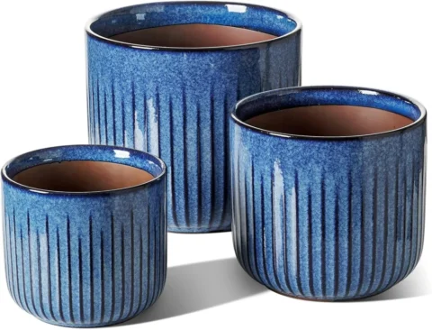Lot de 3 pots en grès bleu océan, 3 tailles