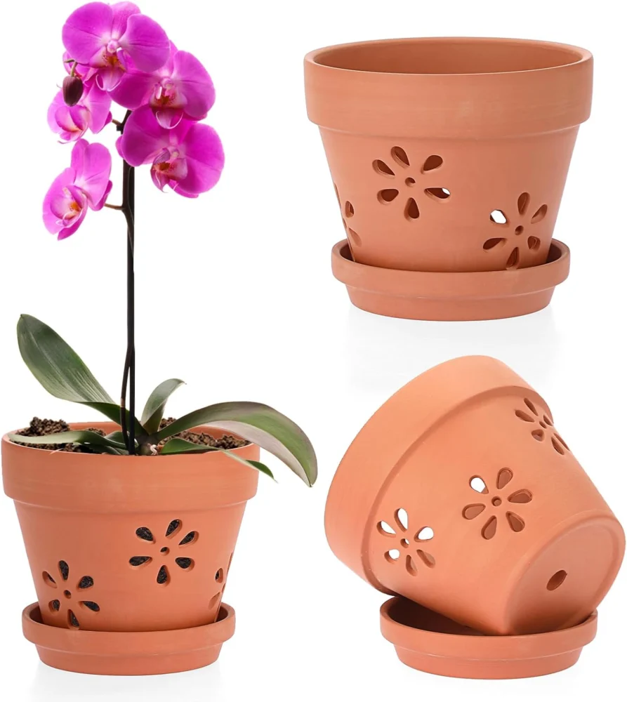 Lot de 3 pots en terre cuite rouge avec soucoupes 15 cm