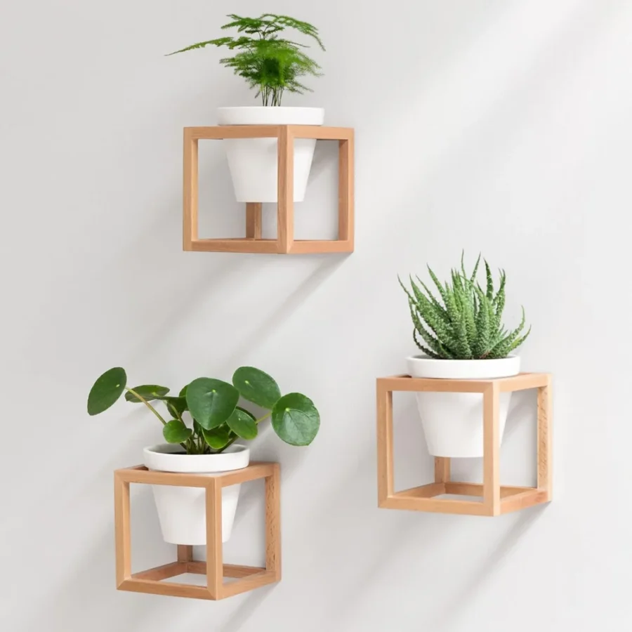 Lot de 3 pots muraux en céramique et bois, brun