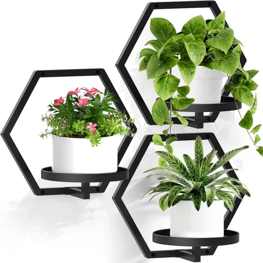 Lot de 3 pots muraux hexagonaux en métal noir