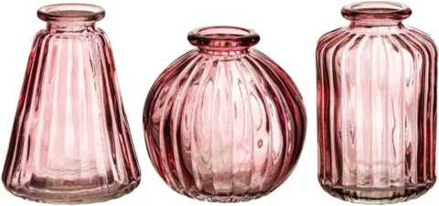 Lot de 3 soliflores en verre rose, formes organiques