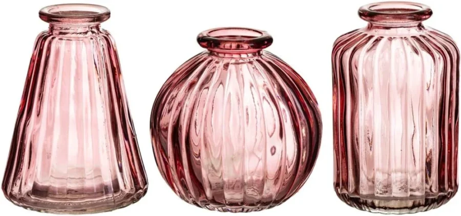 Lot de 3 soliflores en verre rose, formes organiques