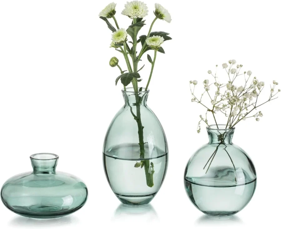 Lot de 3 vases à bourgeons en verre vert vintage