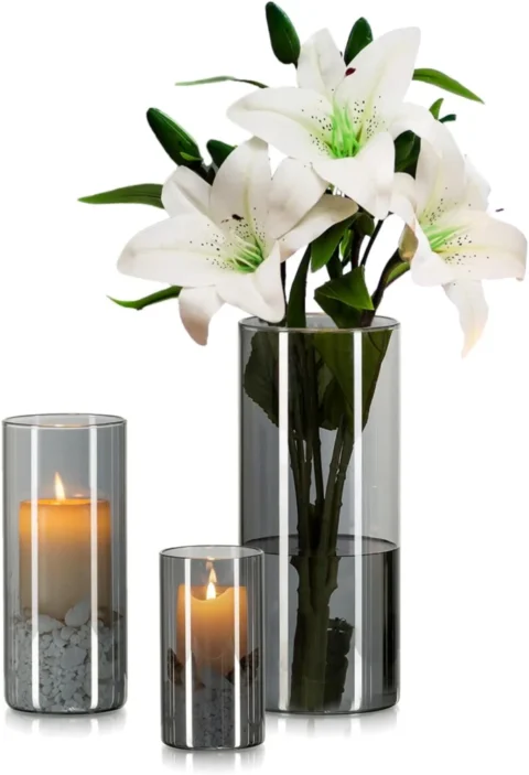Lot de 3 vases cylindriques en verre gris fumé