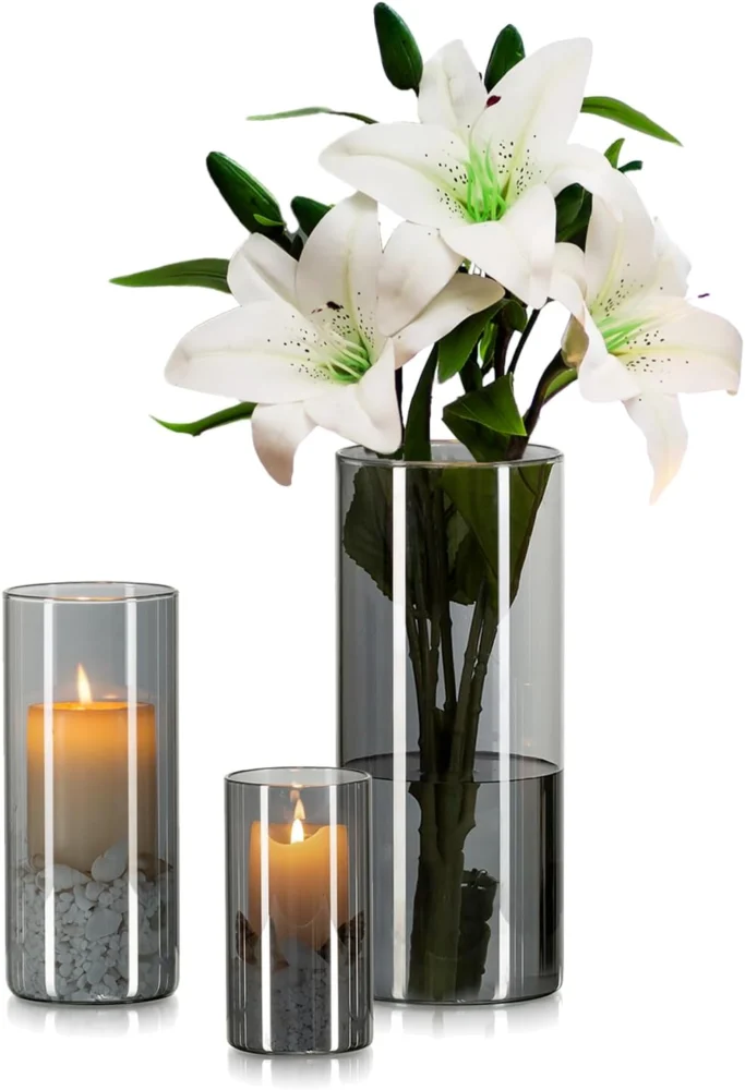 Lot de 3 vases cylindriques en verre gris fumé