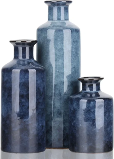 Lot de 3 vases en céramique bleu marine graduée