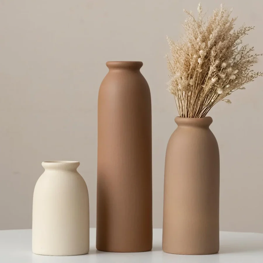 Lot de 3 vases en céramique orange, jaune et blanc