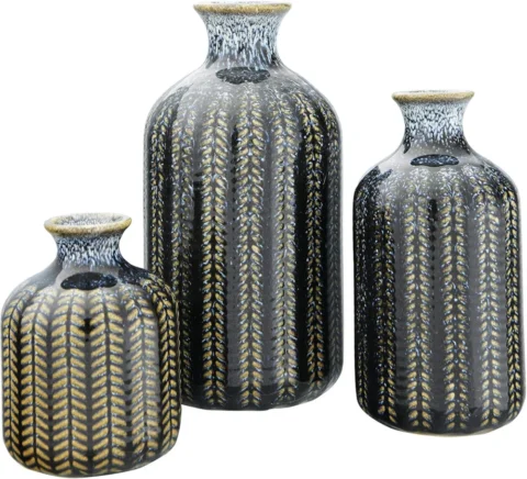 Lot de 3 vases en grès émaillé bleu, ouvertures étroites