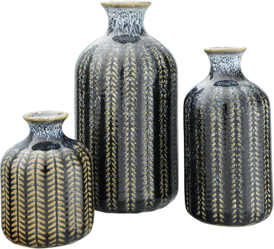 Lot de 3 vases en grès émaillé bleu, ouvertures étroites