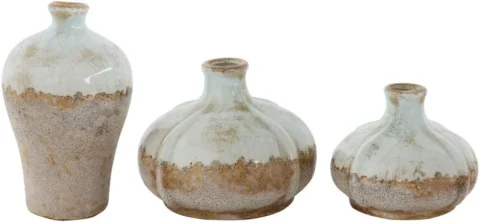 Lot de 3 vases en terre cuite marron et blanc, finition vieillie