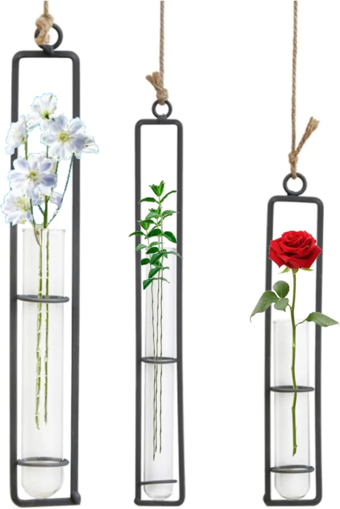 Lot de 3 vases suspendus en verre et fer forgé