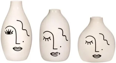 Lot de 3 vases visage abstrait blancs en céramique