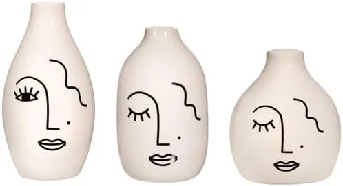 Lot de 3 vases visage abstrait blancs en céramique