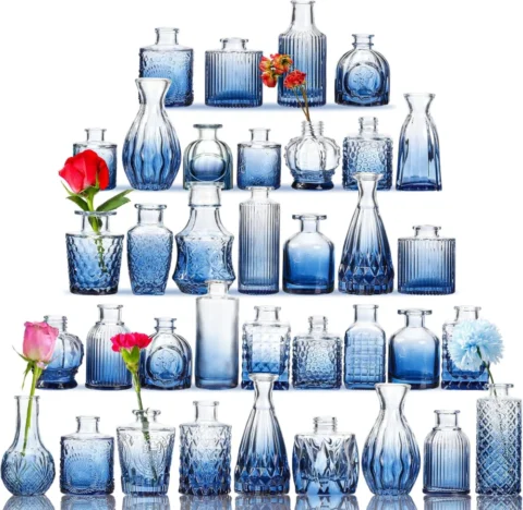 Lot de 36 mini vases bourgeon en verre bleu