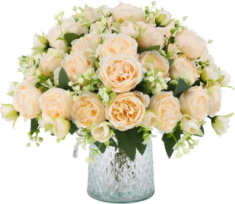 Lot de 4 bouquets de pivoines champagne, avec vase