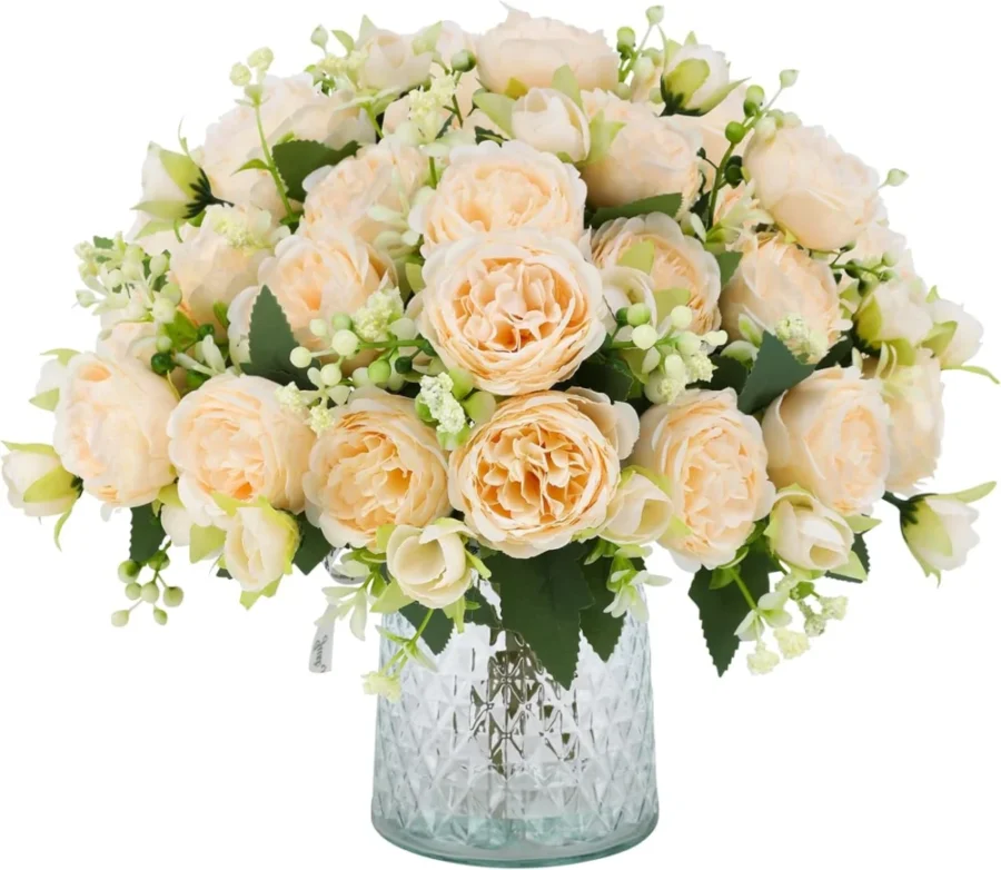 Lot de 4 bouquets de pivoines champagne, avec vase