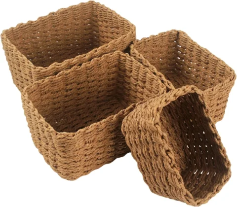 Lot de 4 paniers tressés en papier, beige et marron