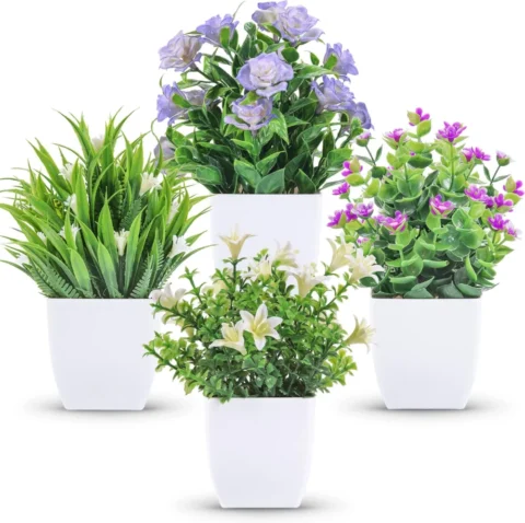Lot de 4 petites plantes artificielles fleuries en pot