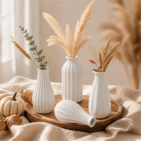 Lot de 4 petits vases en céramique blanche, 12,5 cm