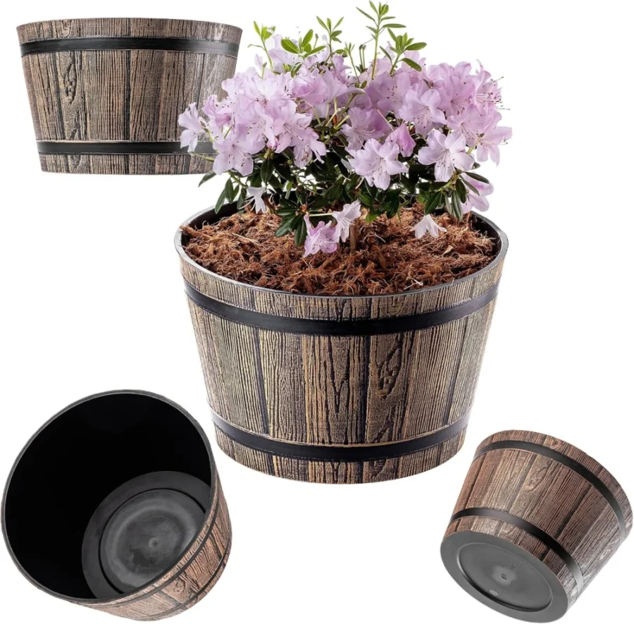 Lot de 4 pots de fleurs aspect bois marron